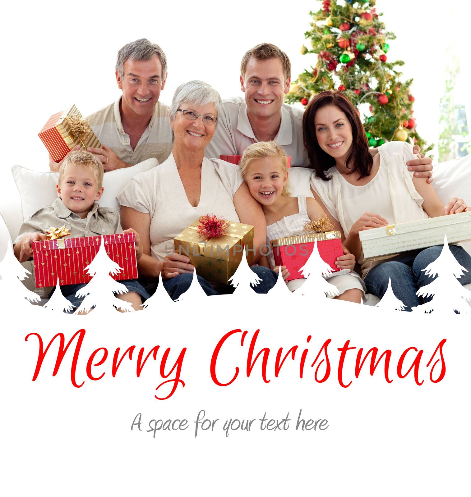 Composite image of family holding christmas presents at home by Wavebreakmedia