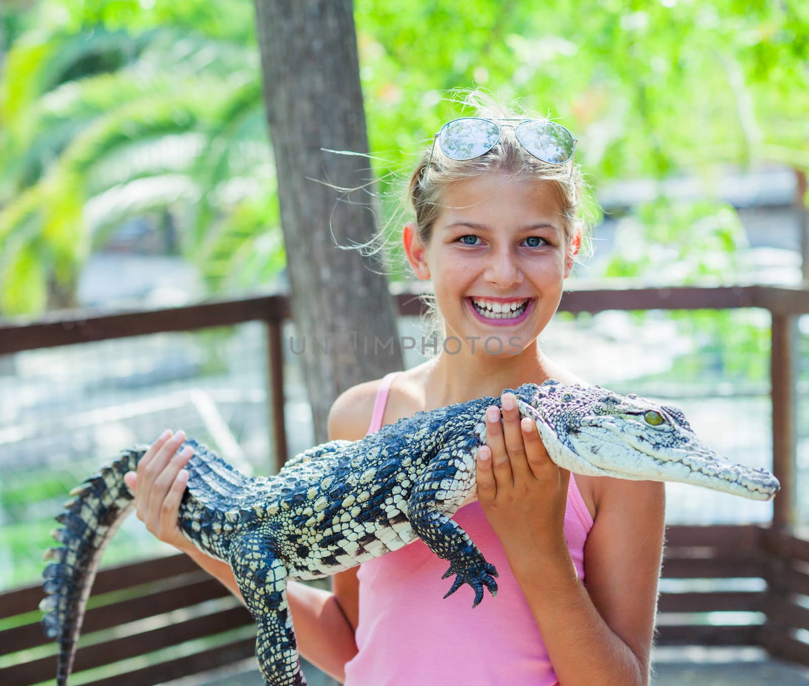 Cute girl hold real crocodile on crocodile farm