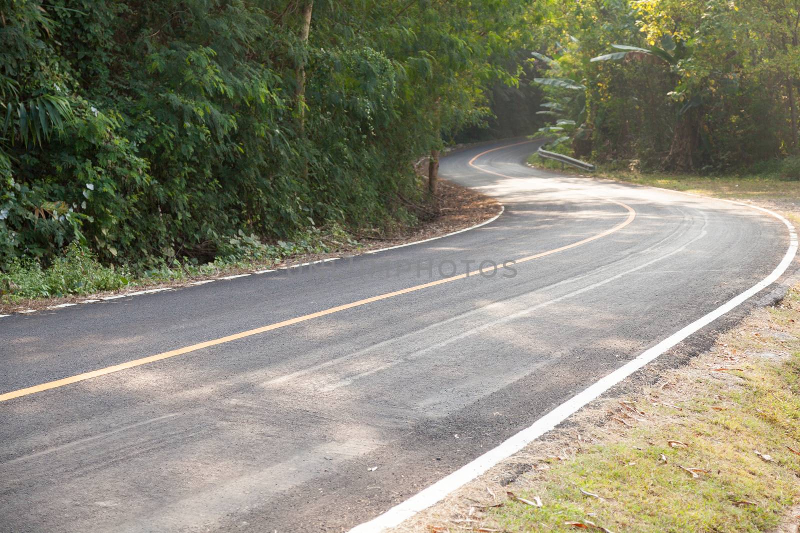 Curvy road down the hill. Road curving down from the mountain. There are more trees on either side of the road.