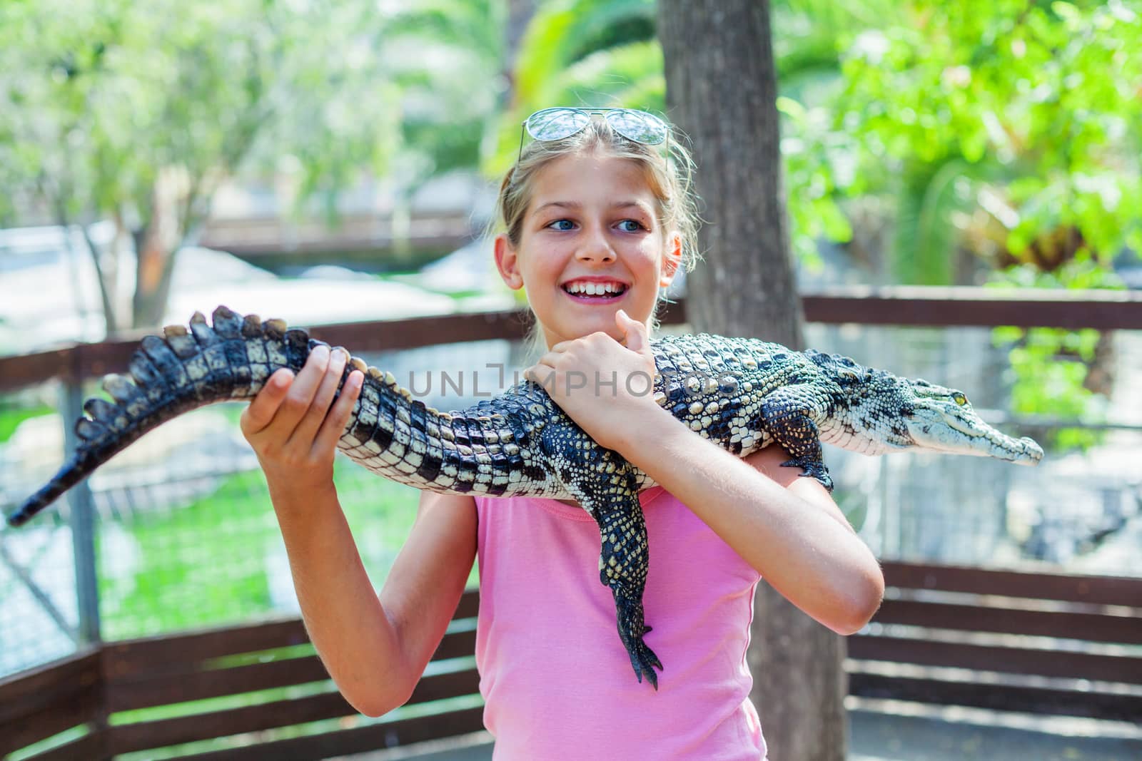 Cute girl hold real crocodile on crocodile farm