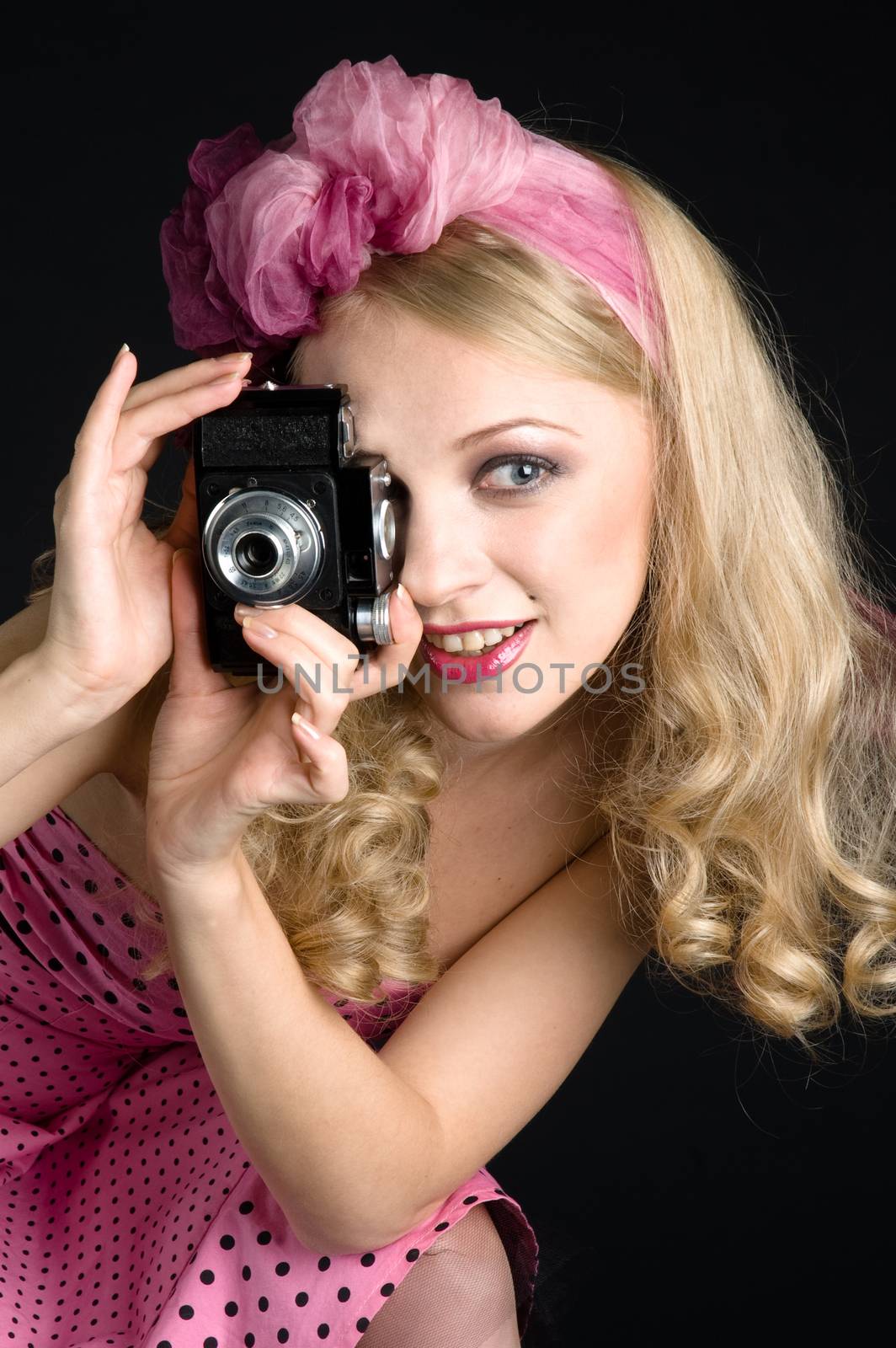 Pin up style girl сhoice a camera isolated