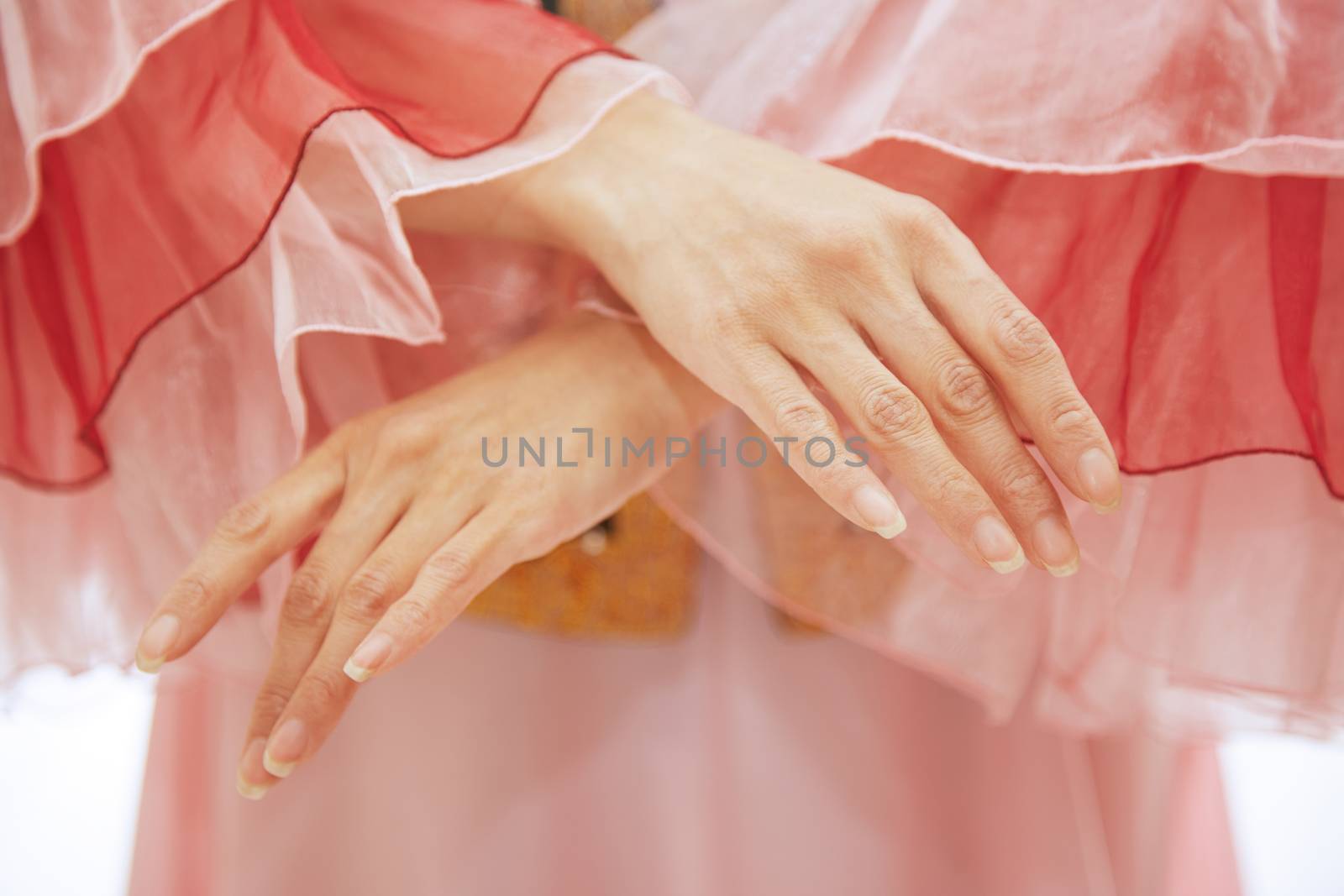 Woman in Oriental national costume dancing. Close-up view