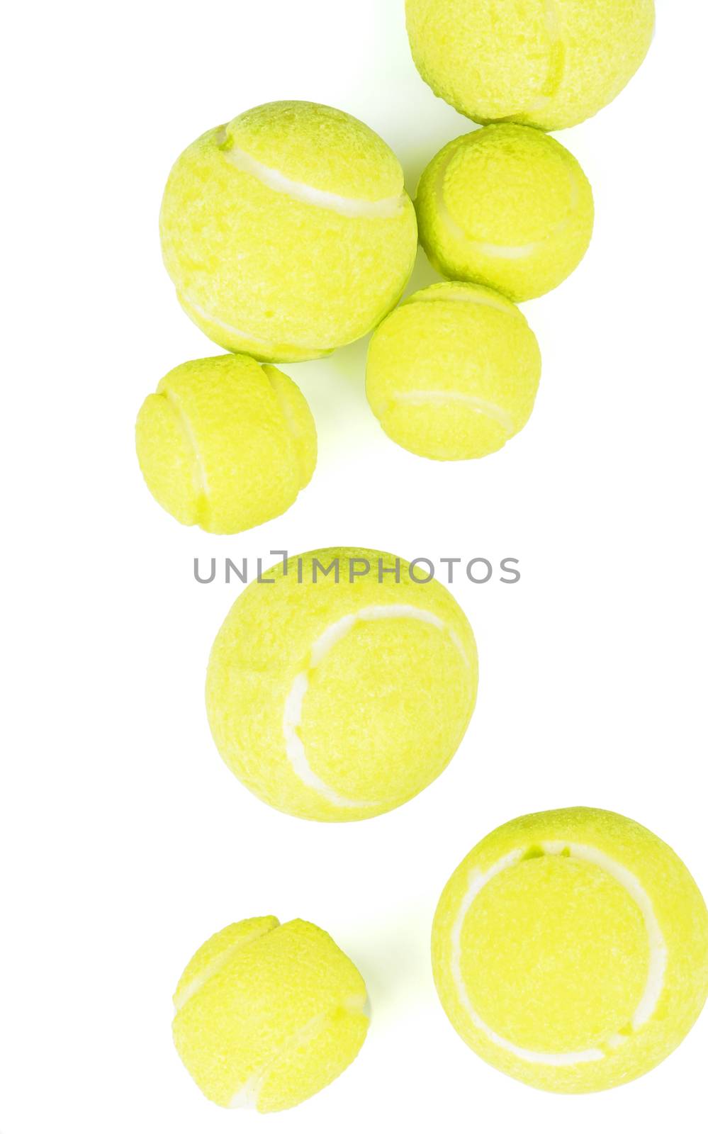 Arrangement of Tennis Balls isolated on white background. Top View