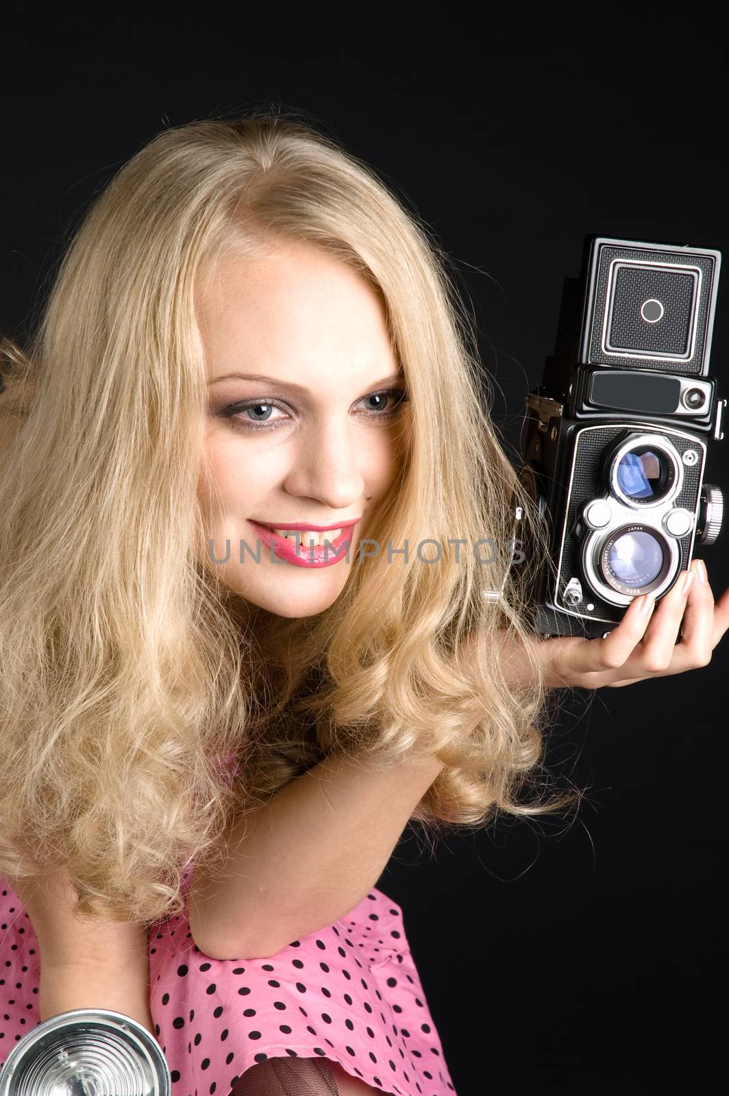 Pin up style girl сhoice a camera isolated