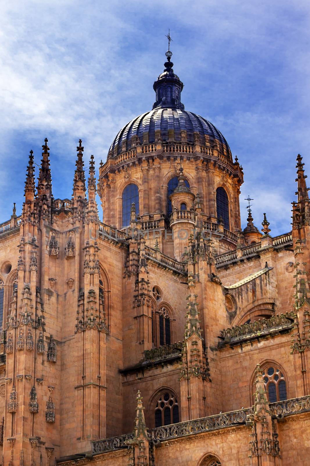 Stone Dome New Salamanca Cathedral Spain.  The New and Old Cathedrals in Salamanca are right next to each other.  New Cathedral was built from 1513 to 1733 and commissioned by Ferdinand V of Castile, Spain. 