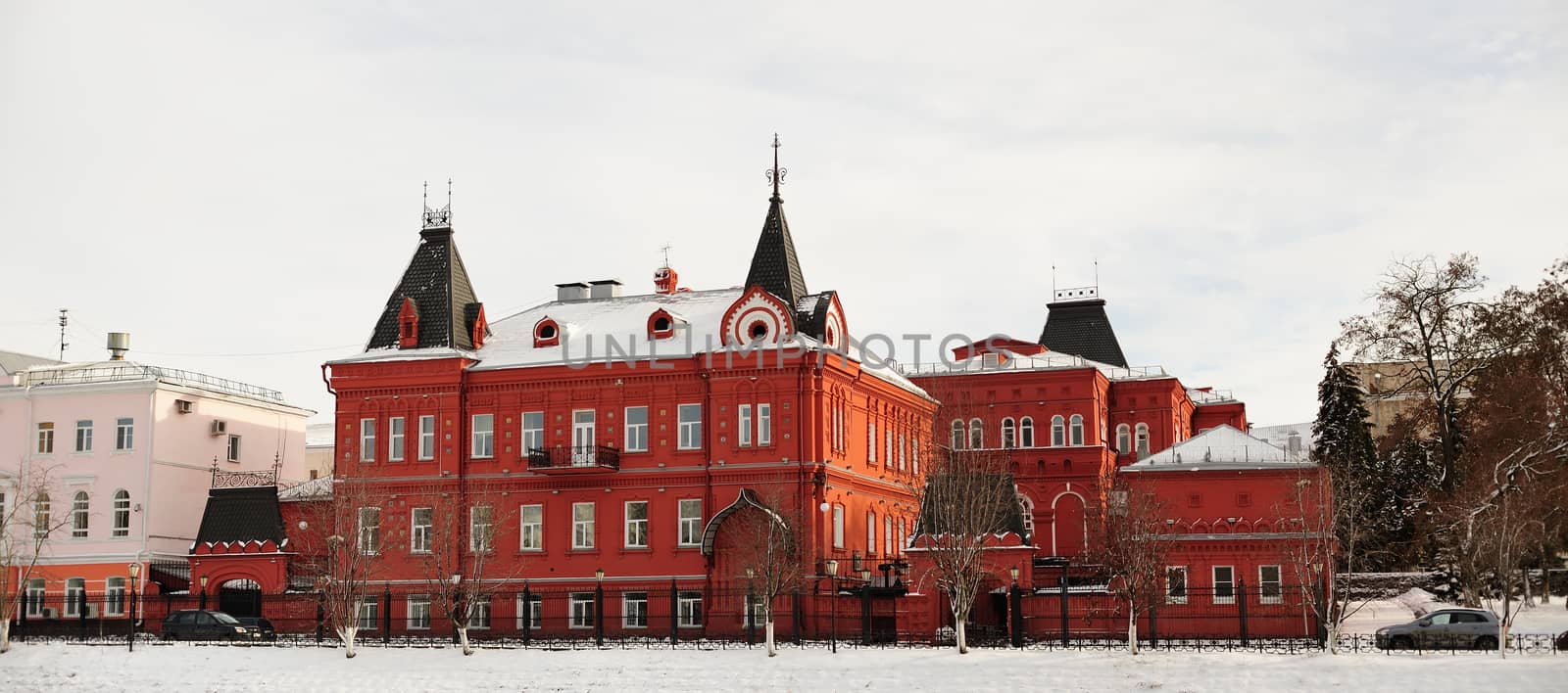 Red brick Russian revival style state bank in Orel, Russia, pano by Borodin