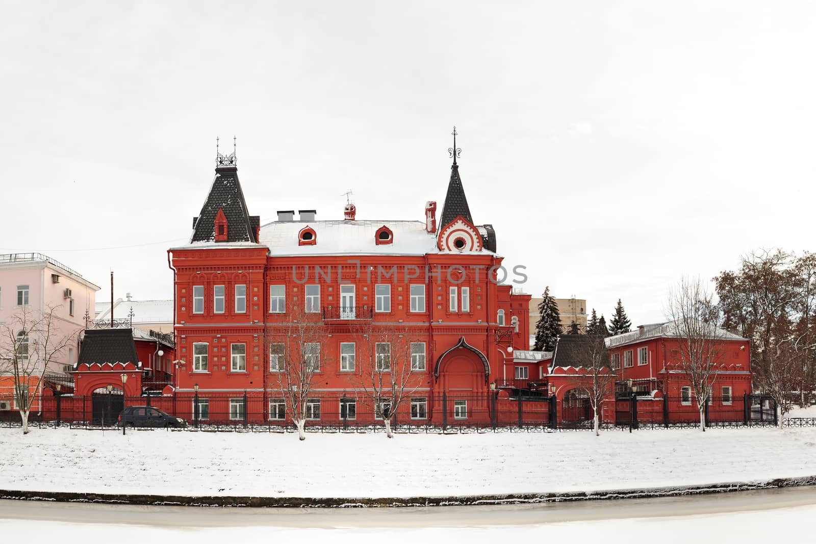 Red brick Russian revival style state bank in Orel, Russia, pano by Borodin
