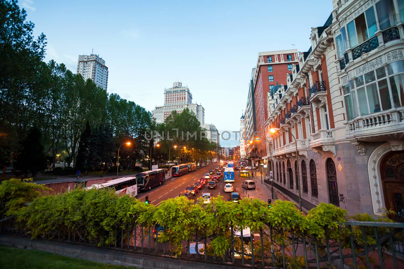 Madrid, Spain - May 10, 2012: Night city view traffic with Edificio Espana on background in Madrid, Spain.