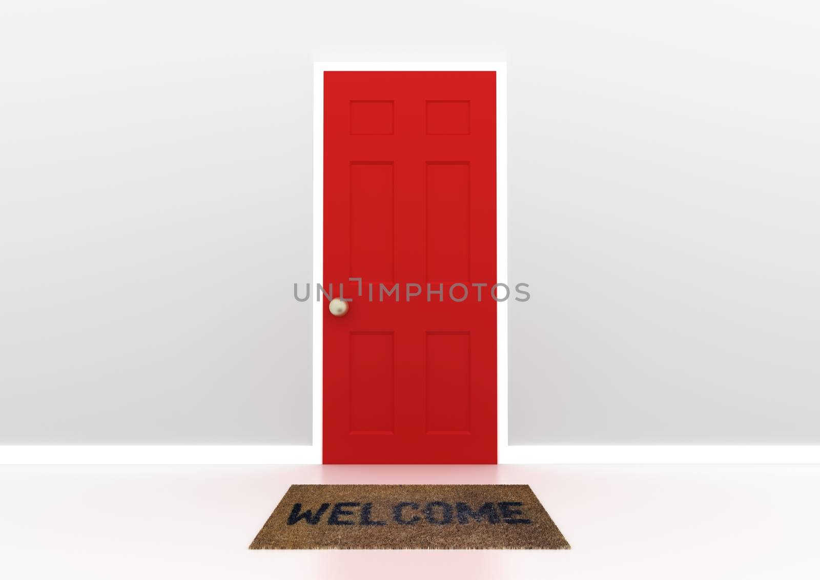 Illustration of a red door with welcome mat
