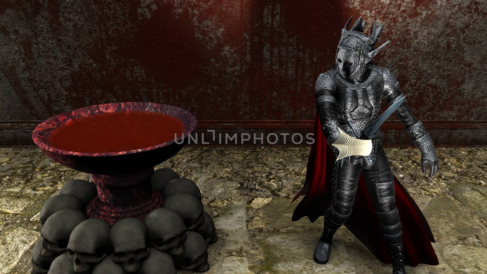 3D rendering of a warrior at bloody wall background