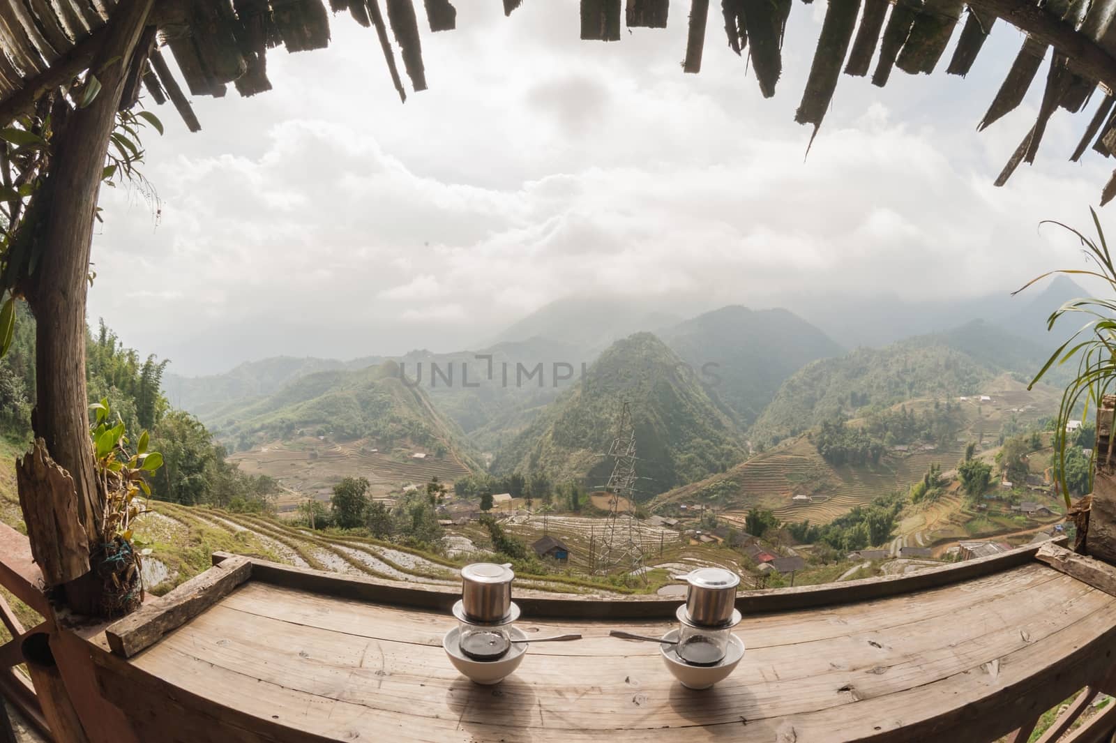 Dual coffee vietnamese style panorama view  in local cafe terrace.