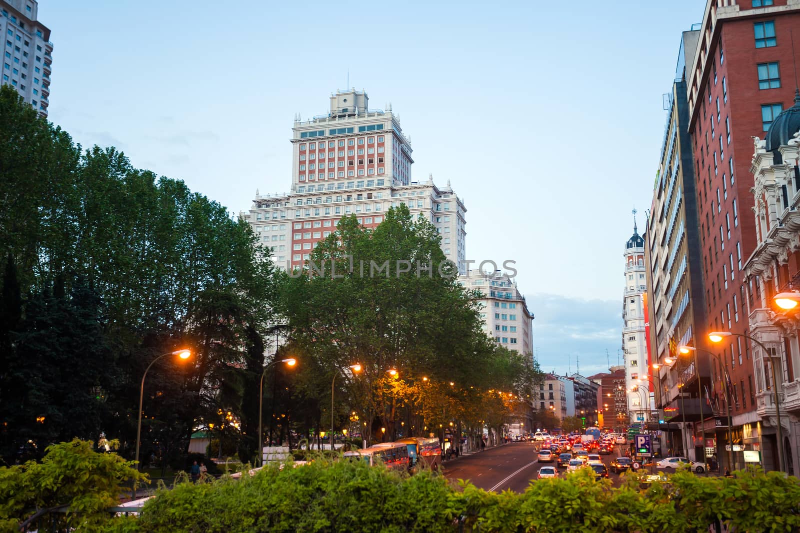 Madrid, Spain - May 10, 2012: Night city view traffic with Edificio Espana on background in Madrid, Spain.