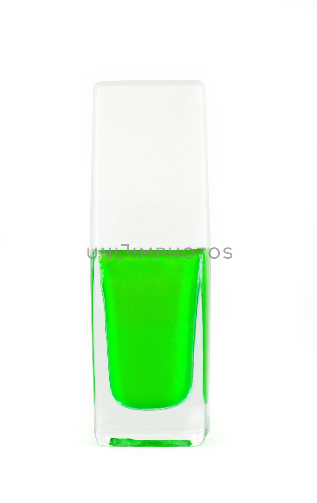 green nail polish bottle on white background