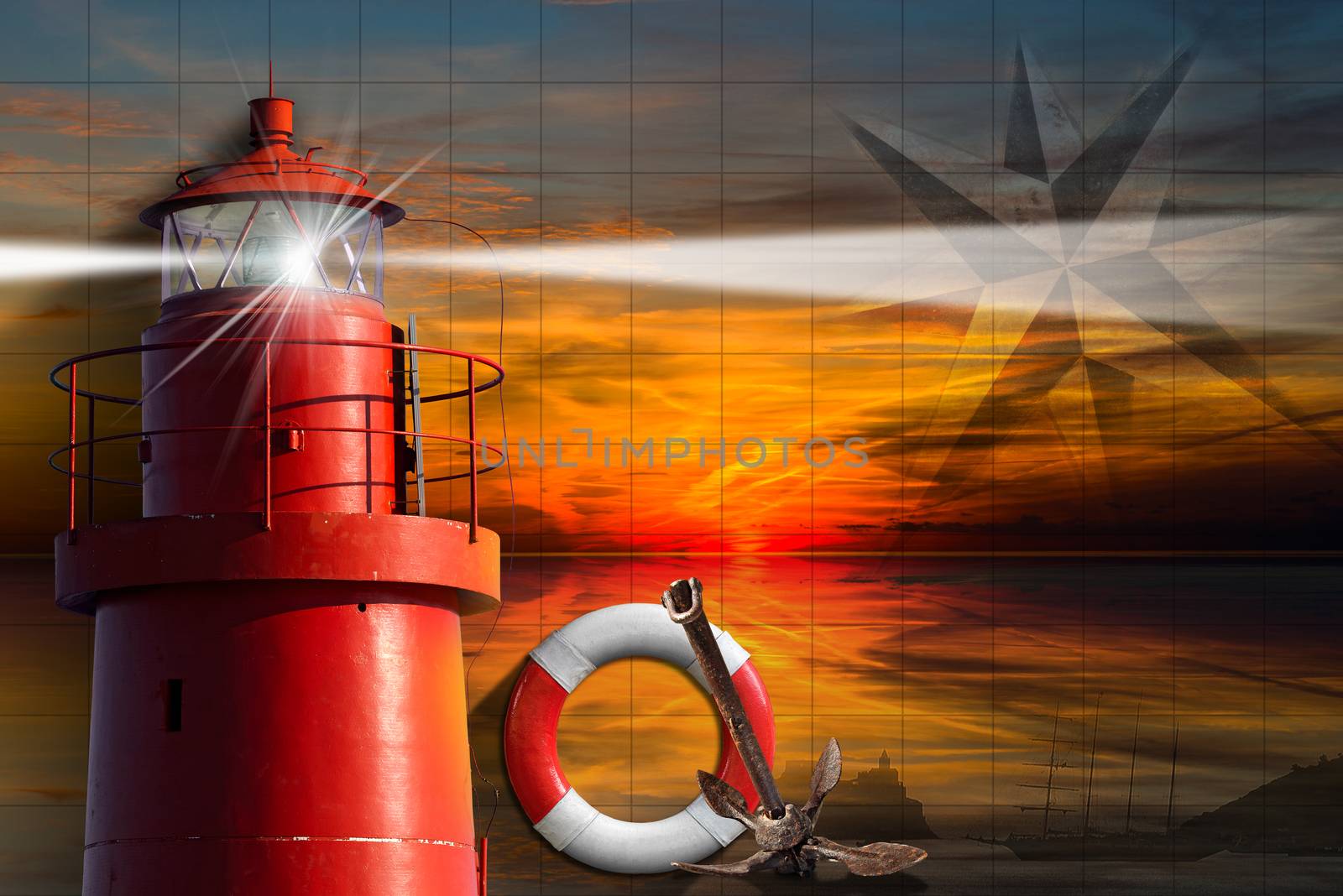 Red metallic lighthouse with light beam at sunset with clouds, lifebuoy, compass rose, rusty anchor and sailing ship. Concept of adventurous Journeys