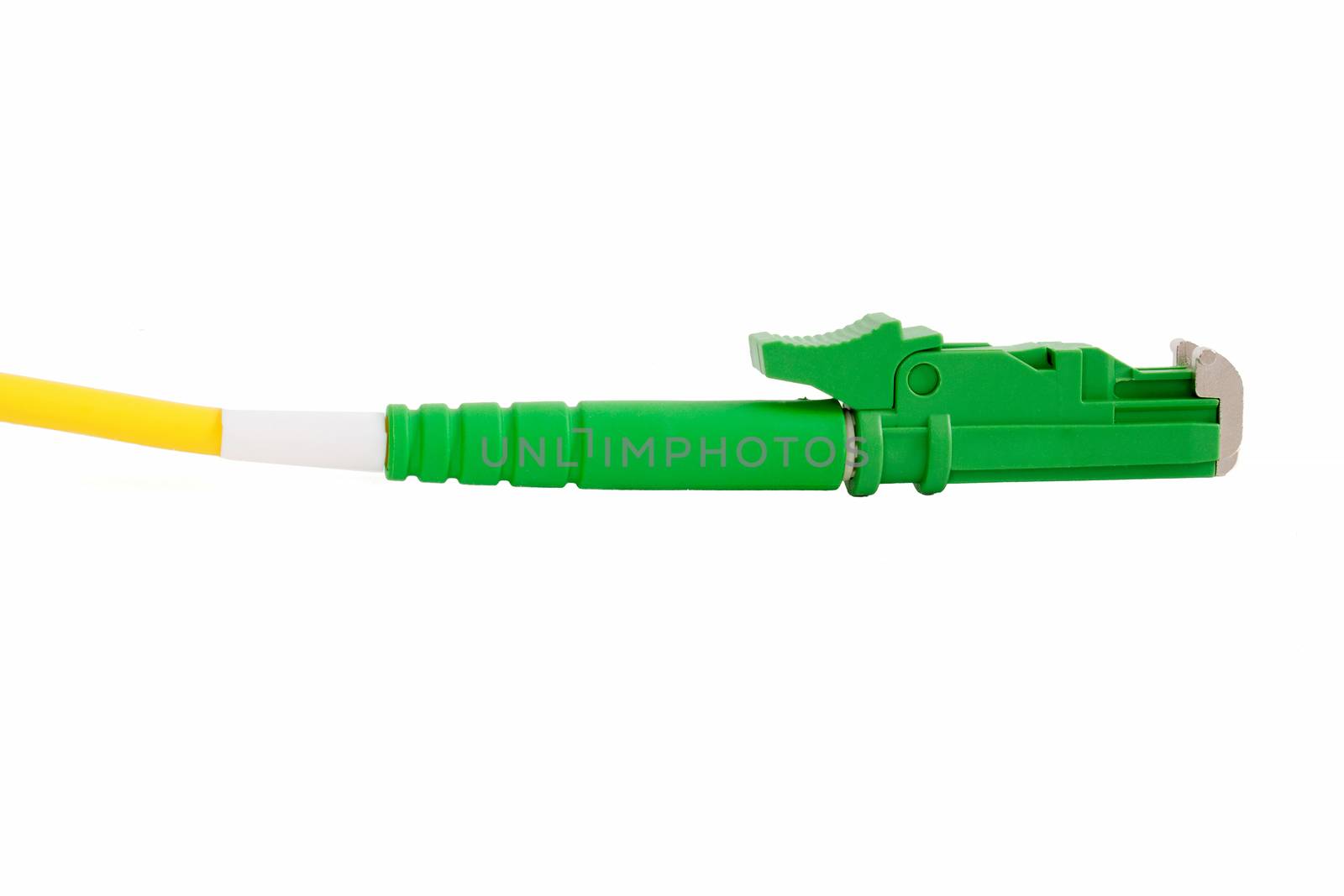 green fiber optic E2000 connector on white background
