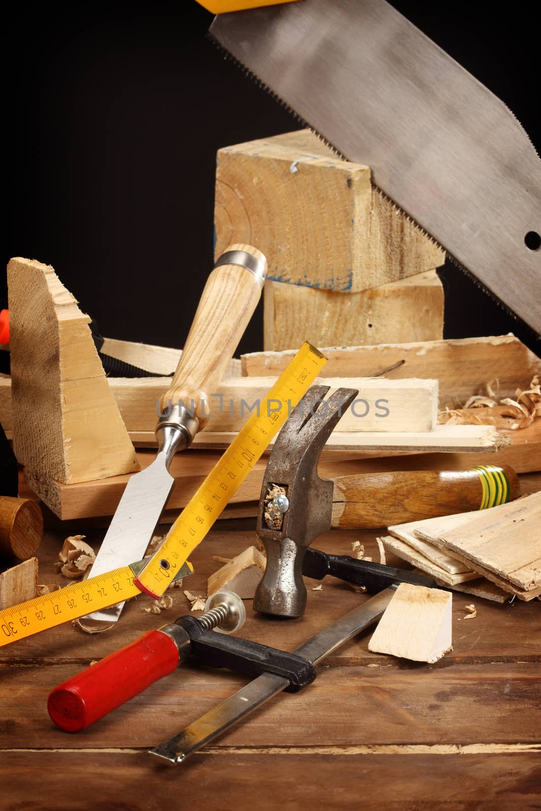 carpenter's tools close up on work bench