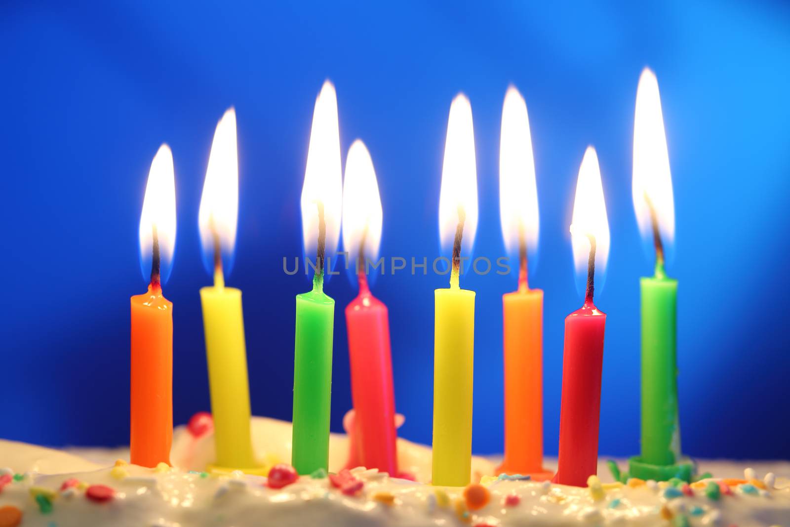 eight lit birthday candles close up, shallow dof