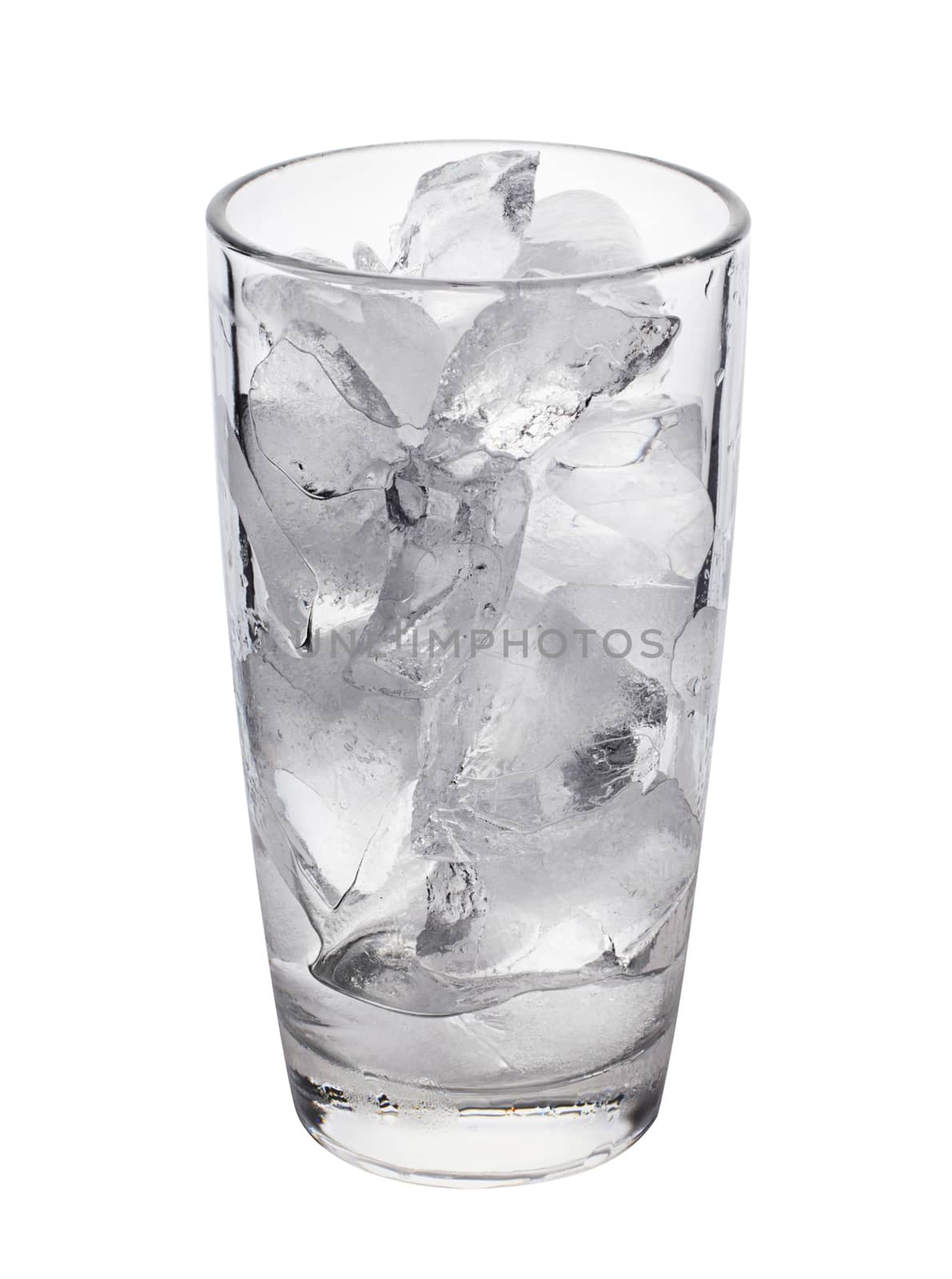 photo of empty glass with ice cubes on white background