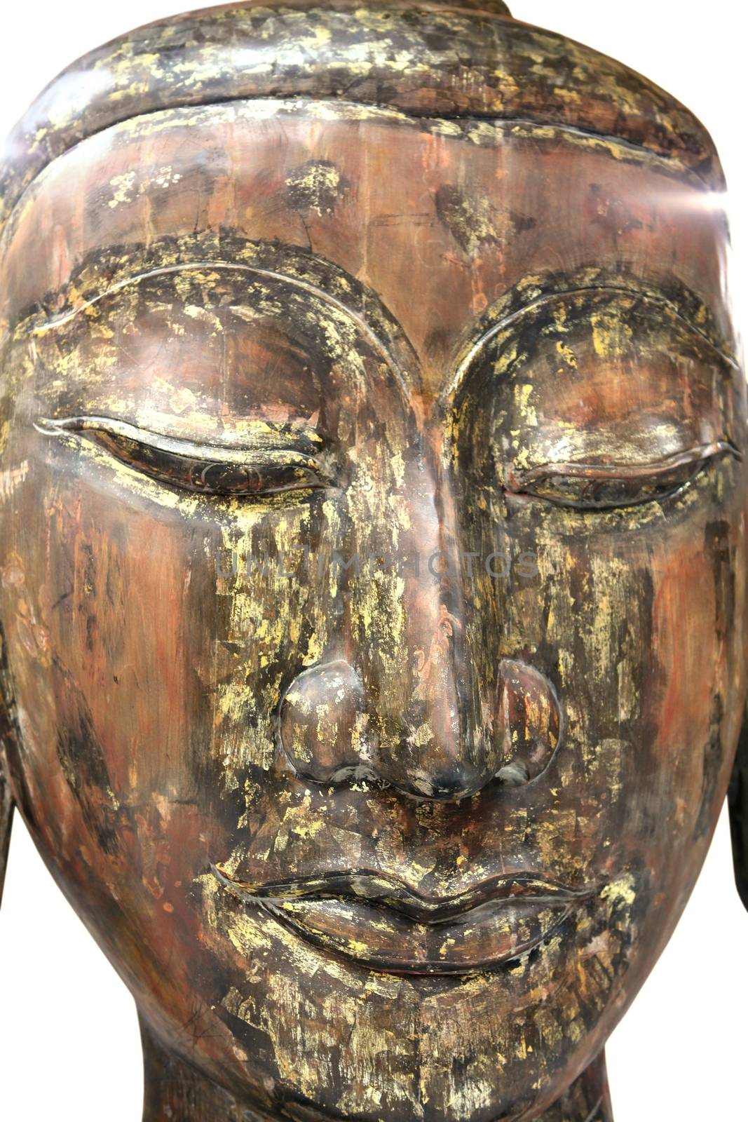 Face of the ancient stone Buddha close up