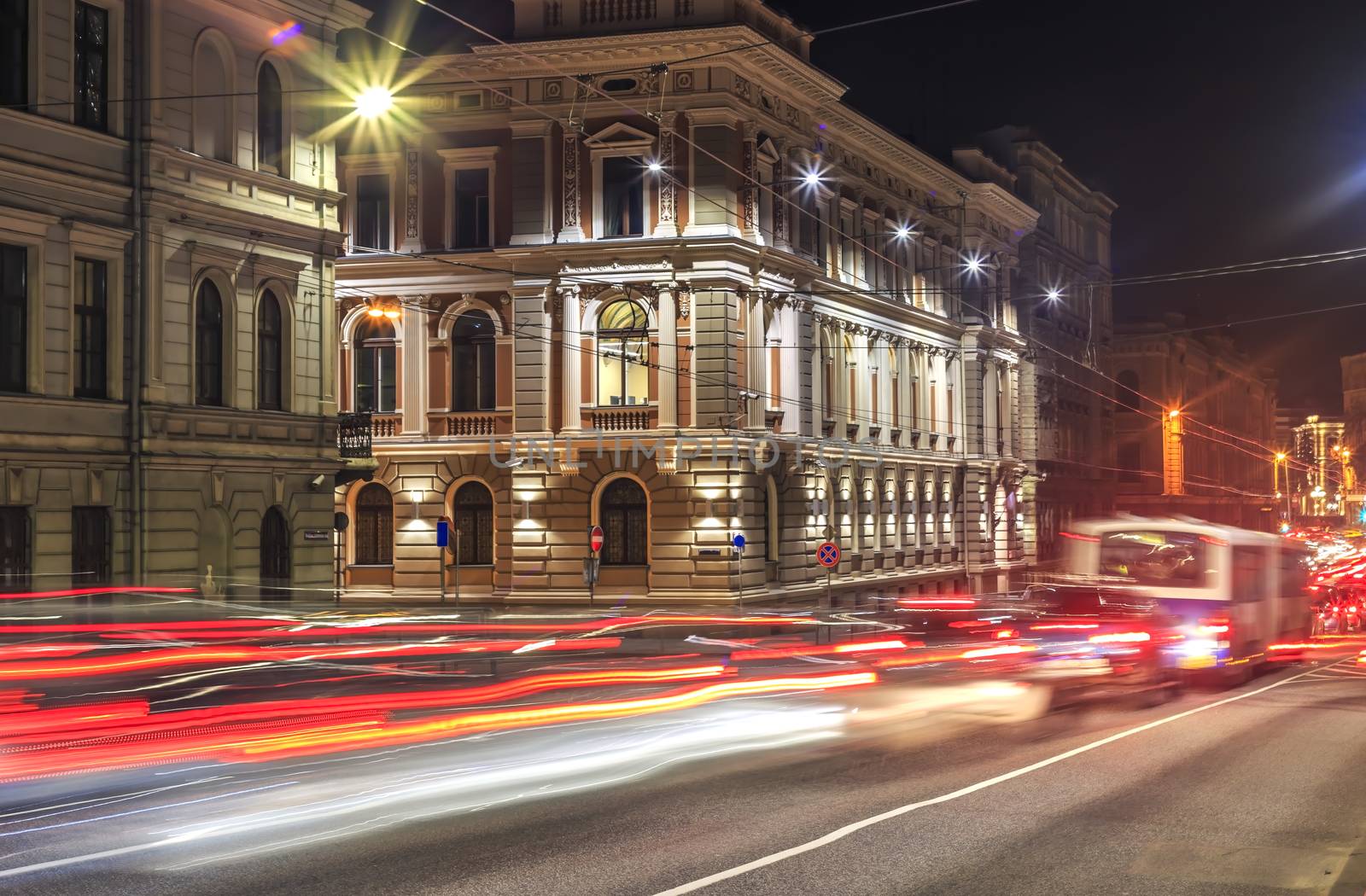 Night traffic lights with tracer,Riga,Latvia