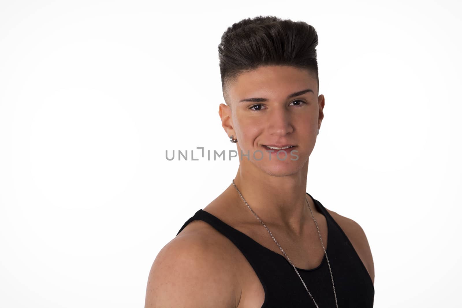 Head and shoulders portrait of smiling handsome young man on white background