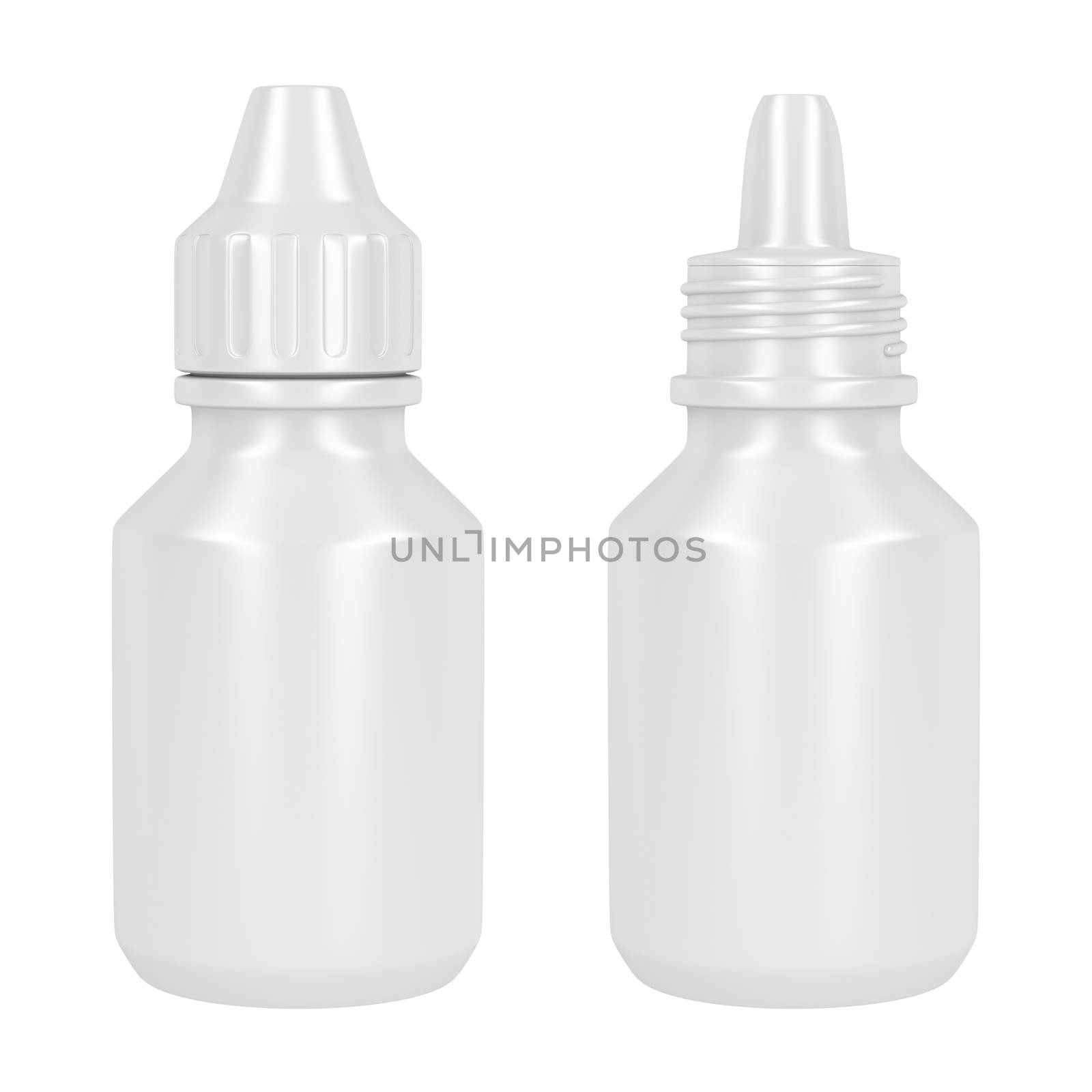Open and closed containers for eye drop, isolated on white