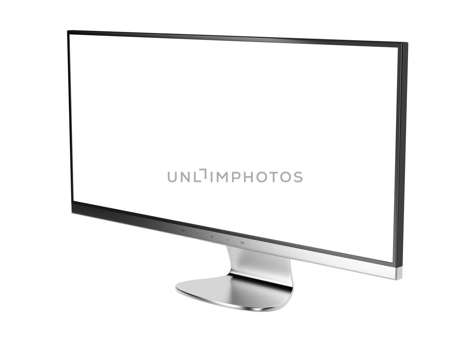 Ultra wide (21:9) computer monitor with white screen, isolated on white