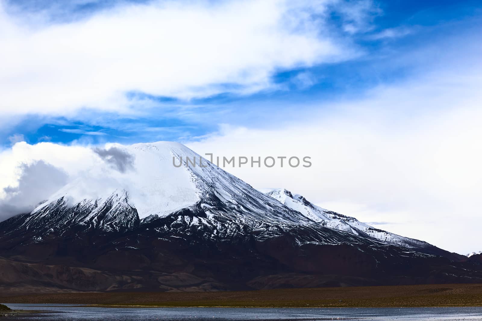 Parinacota stratovolcano (6348 meters) and Chungara Lake on the border of Chile and Bolivia on the way from La Paz to Arica. Parinacota is part of the Payachata volcanic group in Northern Chile. 