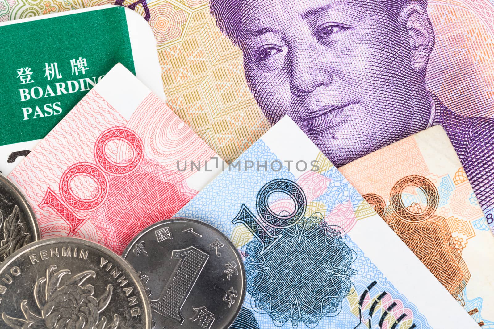 Chinese or Yuan banknotes money and coins from China's currency, close up view as background