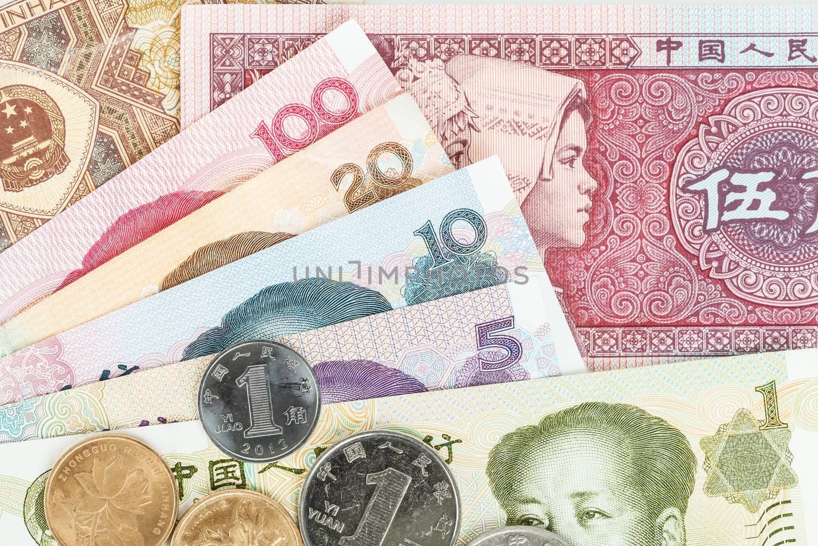 Chinese or Yuan banknotes money and coins from China's currency, close up view as background