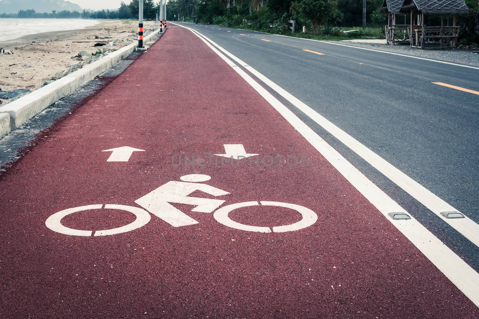 Bicycle lane or path, icon symbol on red asphalt road by FrameAngel