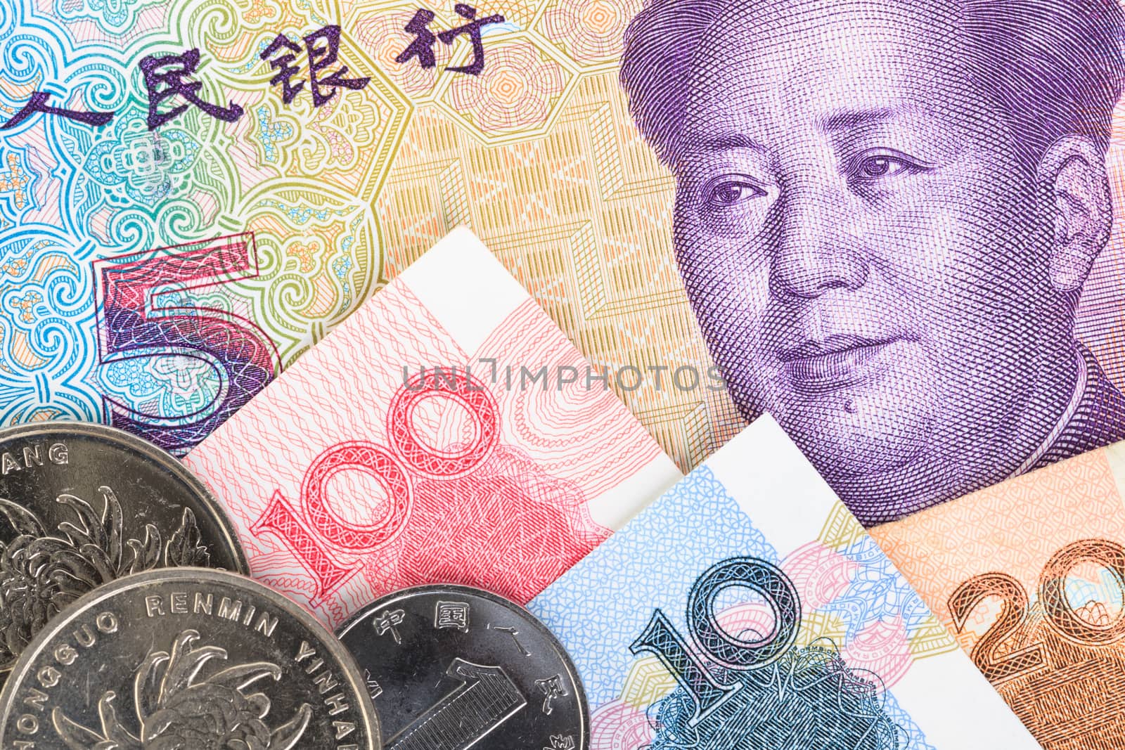 Chinese or Yuan banknotes money and coins from China's currency, close up view as background