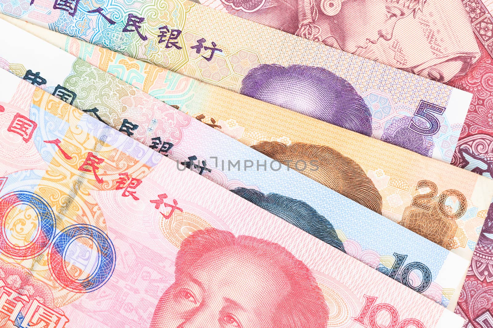 Chinese or Yuan banknotes money  from China's currency, close up view as background