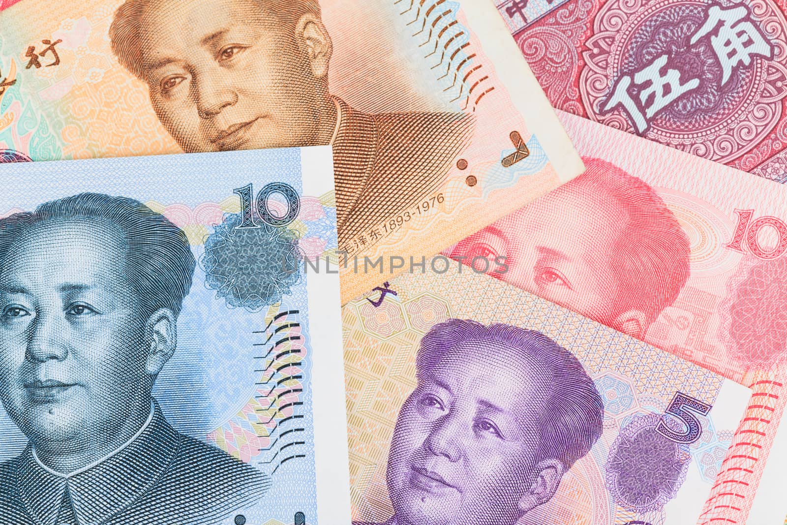 Chinese or Yuan banknotes money  from China's currency, close up view as background