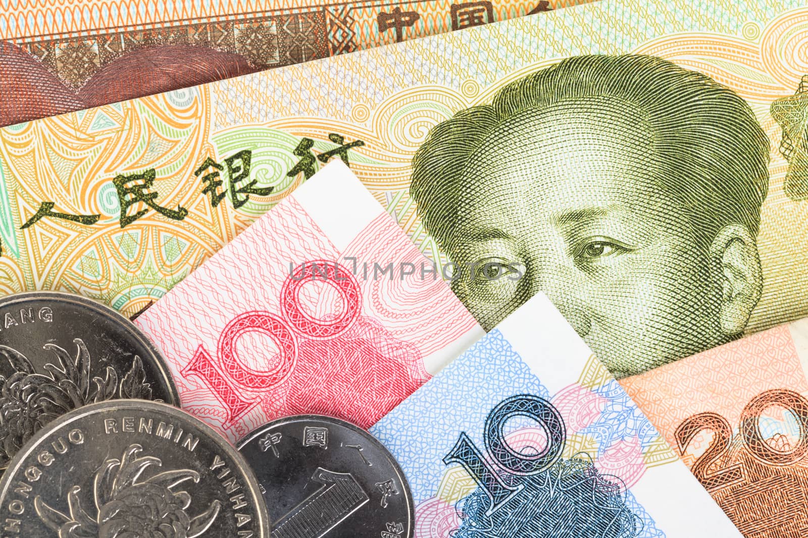 Chinese or Yuan banknotes money and coins from China's currency, close up view as background