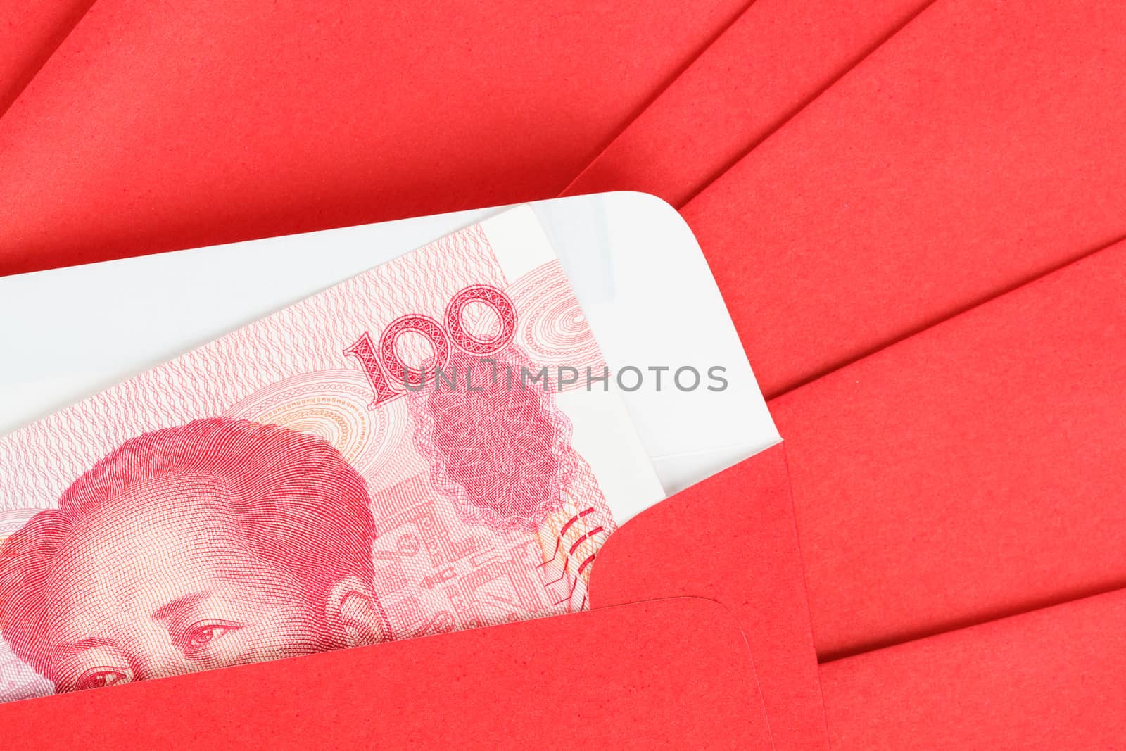 Chinese or 100 Yuan banknotes money in red envelope, as chinese  by FrameAngel