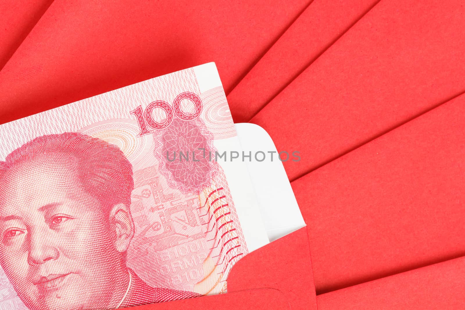 Chinese or 100 Yuan banknotes money in red envelope, as chinese new year background