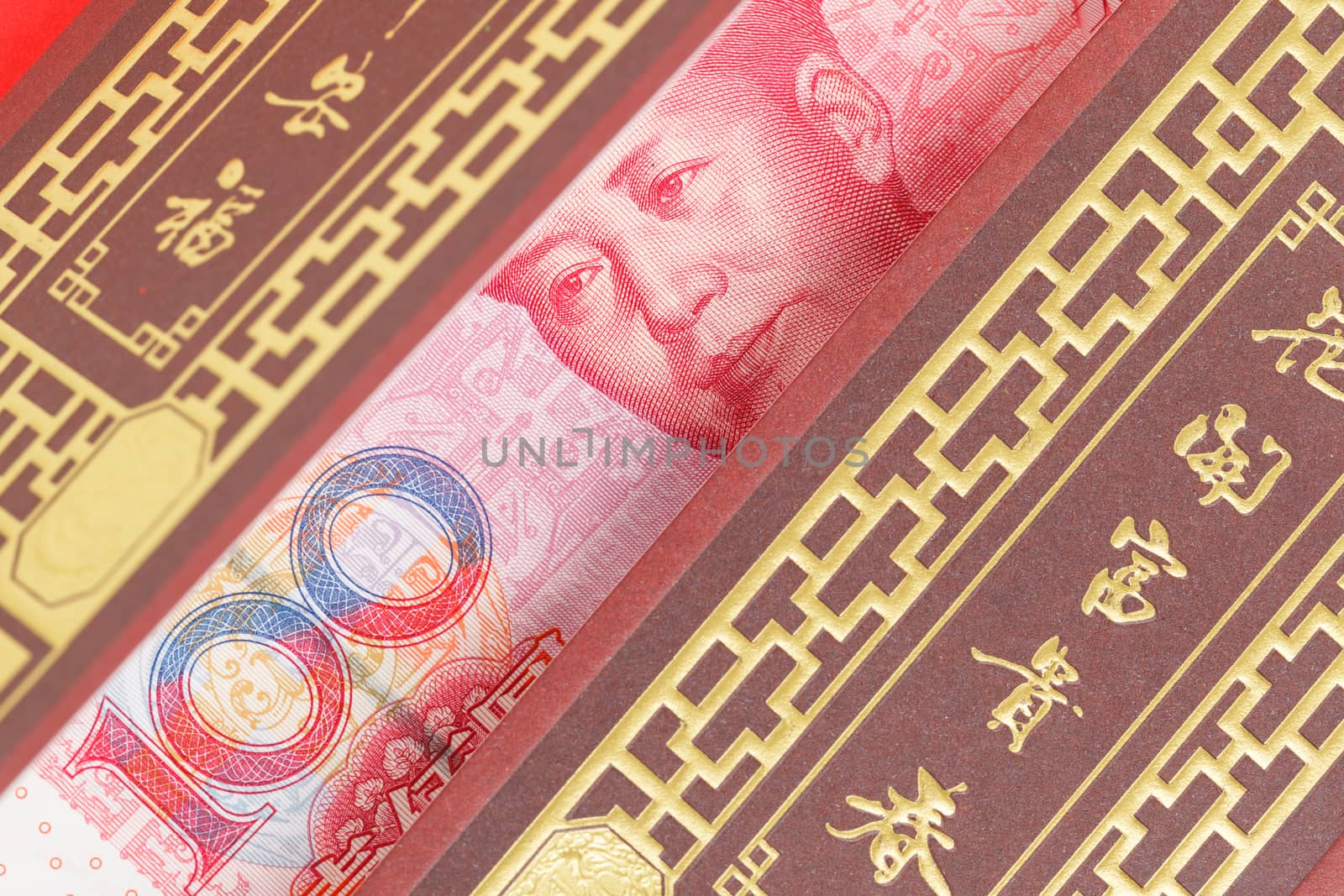 Chinese or 100 Yuan banknotes money in red envelope, as chinese new year background