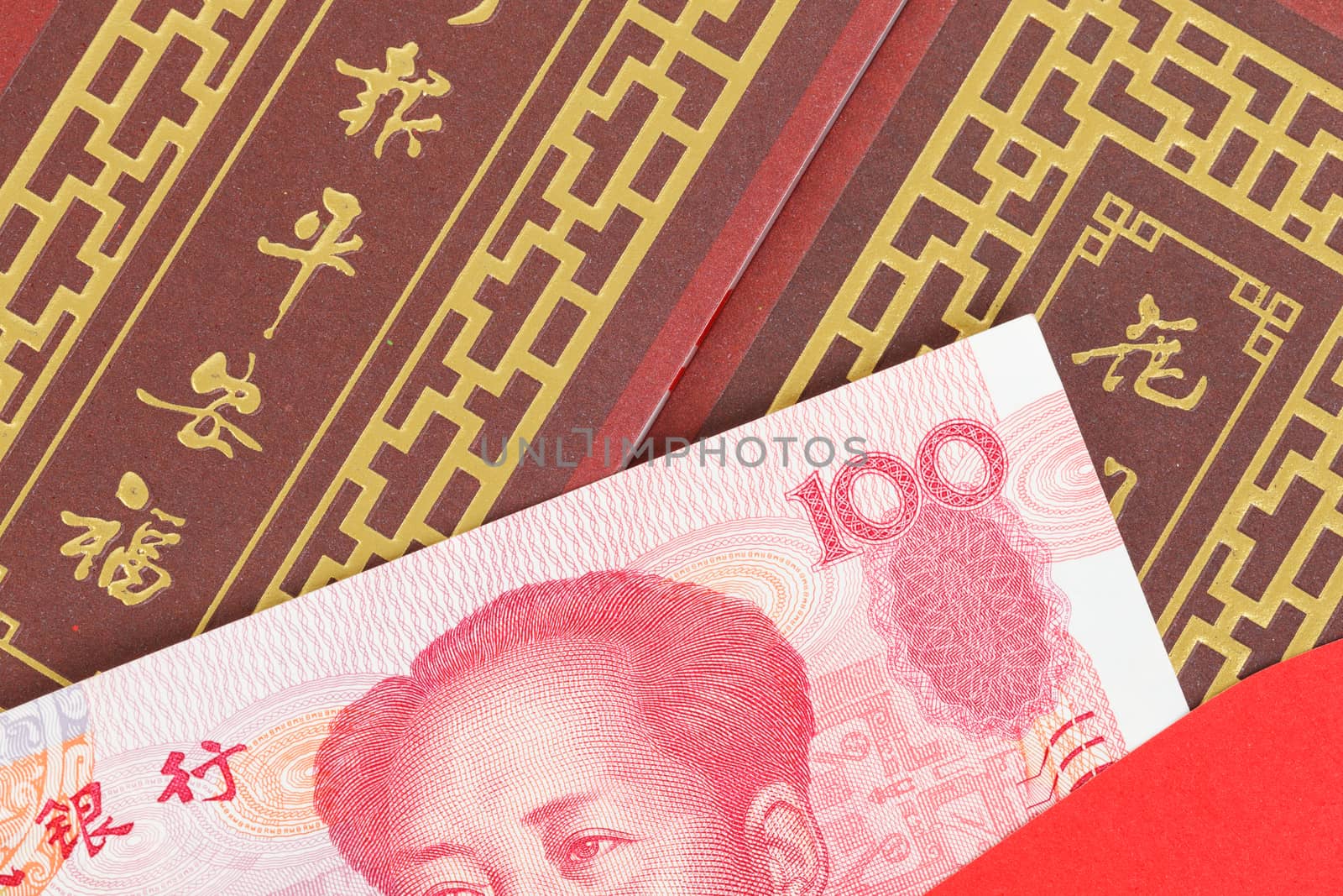 Chinese or 100 Yuan banknotes money in red envelope, as chinese  by FrameAngel