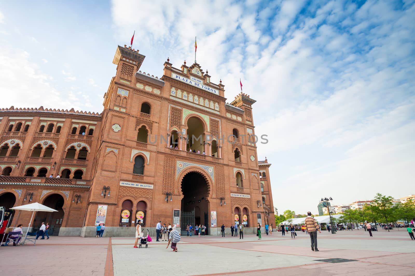 Madrid, Spain - May 11, 2012: Plaza de Toros de Las Ventas with tourists gathering for the bull show in Madrid, Spain