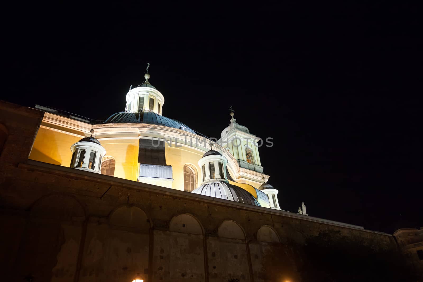 Madrid, Spain - May 6, 2012:  Side view of the Real Basilica de san Francisco el Grande on a sunny spring night in La Latina, Madrid, Spain