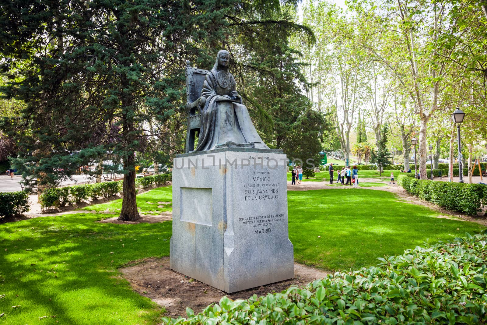 Madrid, Spain - May 11, 2012: Statue of poet Sister Juana Ines de la Cruz on a spring day dedicated by Mexico to Madrid, Spain