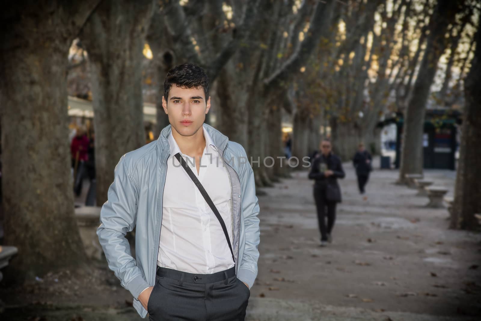 Handsome young man in city park or boulevard standing under trees at dusk