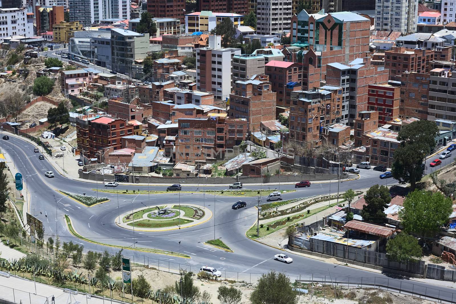 LA PAZ, BOLIVIA - OCTOBER 14, 2014: Roundabout at the crossing of the avenues Del Poeta and Montevideo next to the Parque Urbano Central (Central Urban Park) on October 14, 2014 in La Paz, Bolivia