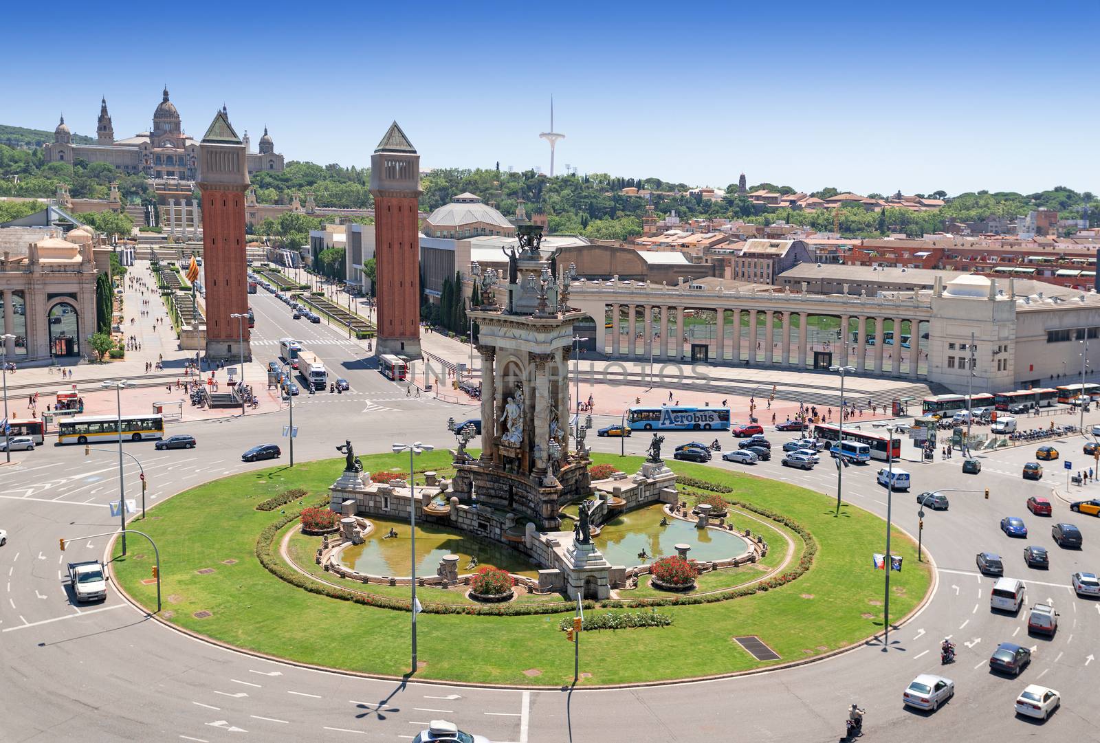 Venetian Towers lead the way to the MNAC (Fine Arts Museum) via Avinguda de la Reina Maria Cristina in Barcelona Spain