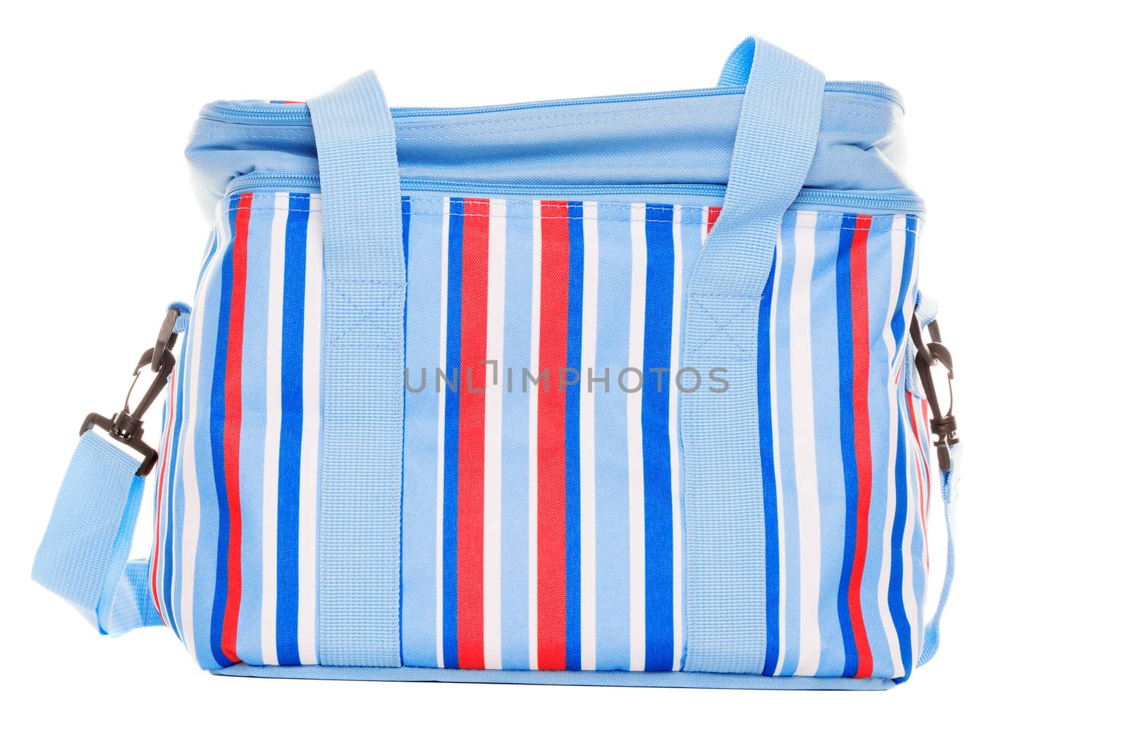 Striped red blue and white lunch pack carrier on a white background