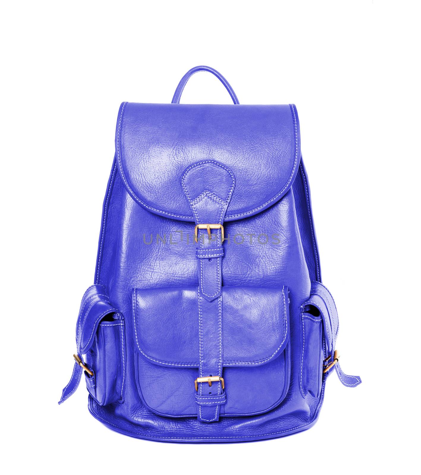 slate blue leather backpack standing isolated on white background