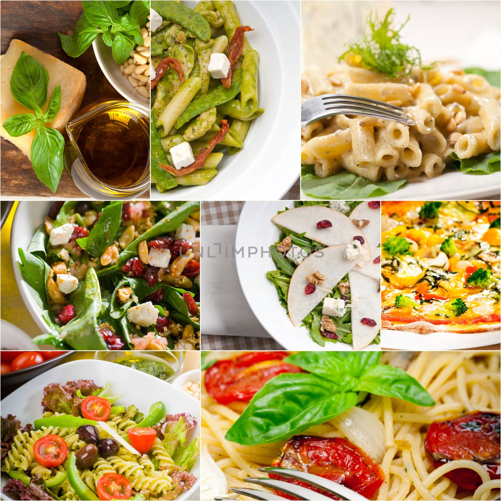 healthy vegetarian pasta soup salad pizza Italian food staples collage