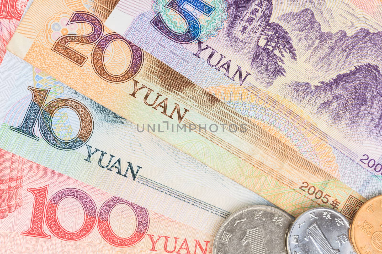 Chinese or Yuan banknotes money and coins from China's currency, by FrameAngel