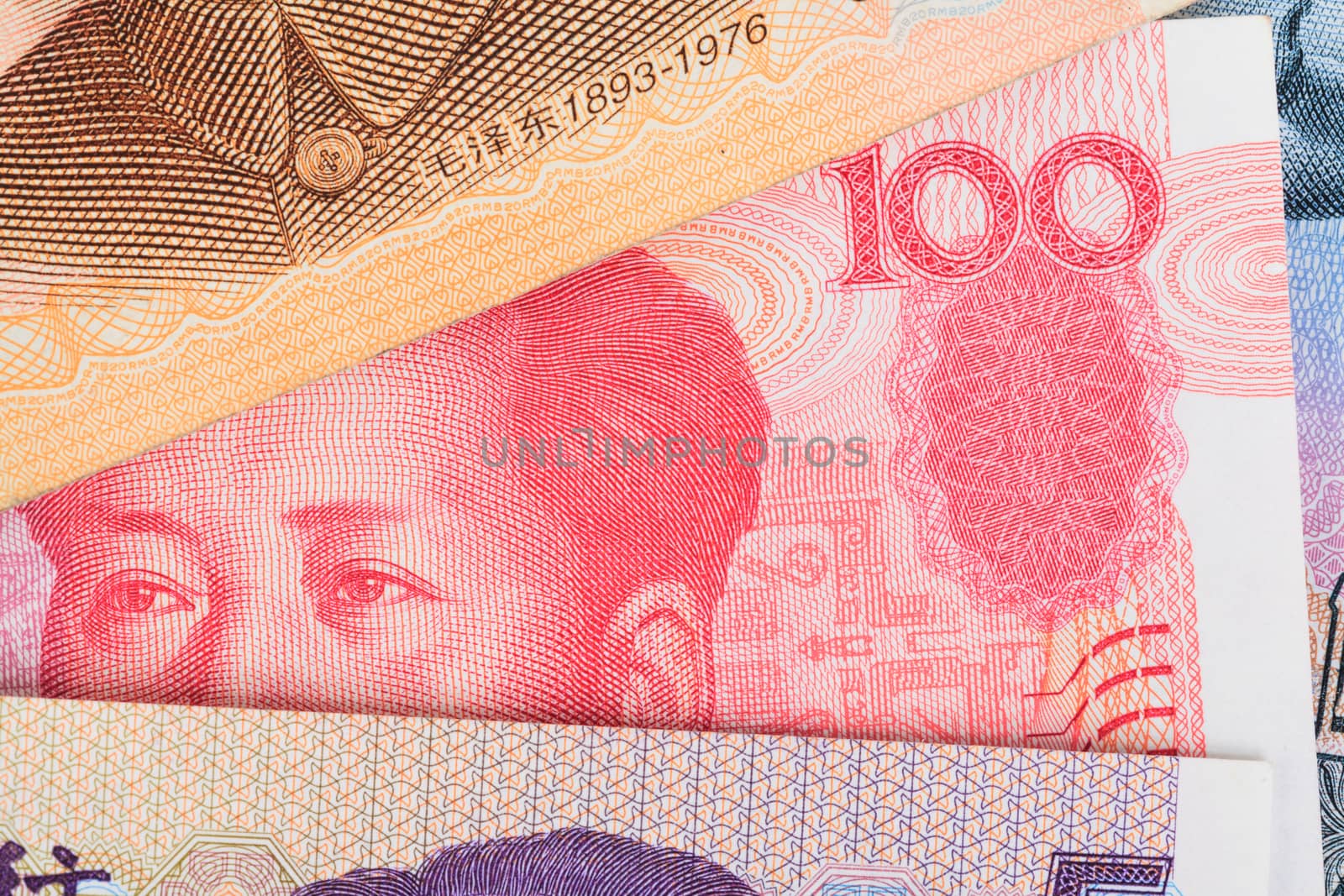 Chinese or 100 Yuan banknotes money  from China's currency, close up view as background